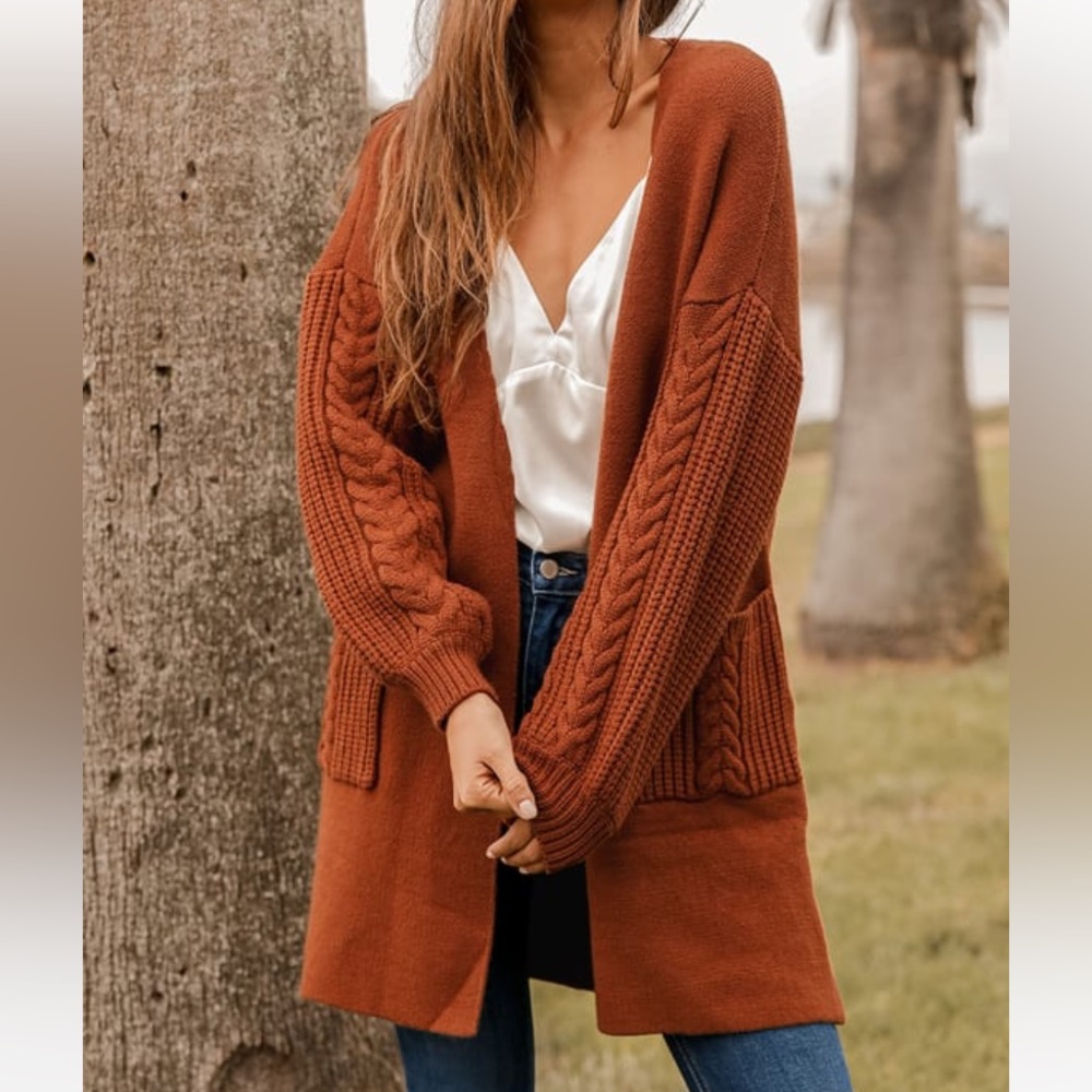 Lulus Good Pick Rust Brown Cable Cardigan size medium